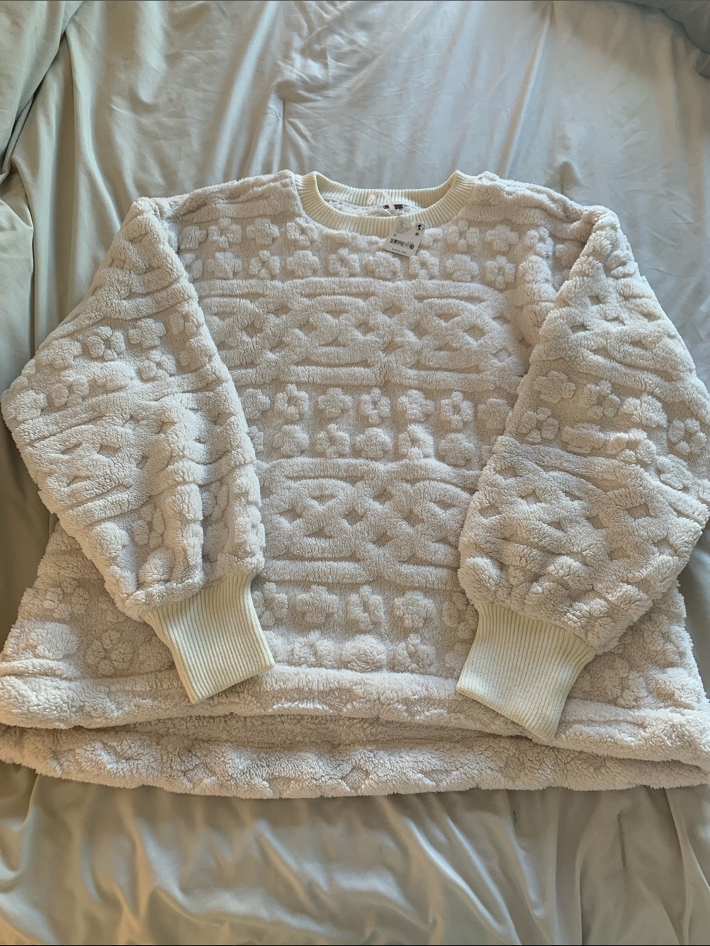 Free People Cream Textured Fleece Crewneck Sweater